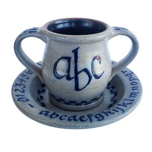 Rowe Pottery Vintage Ceramic Childs ABC 123 Cup Bowl Set 1992 Salt Glaze